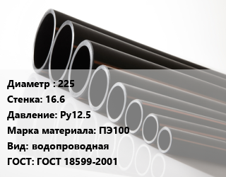 Труба полиэтиленовая 225х16.6 Ру12.5 ПЭ100 водопроводная ГОСТ: ГОСТ 18599-2001, м, 13.6, Мультиклин, Мультипайп, Протект ЭКО,Мультипайп,отрезок 12м,по запросу цена от 3115 сом / м, где купить, условия доставки в Оше и Ошской области